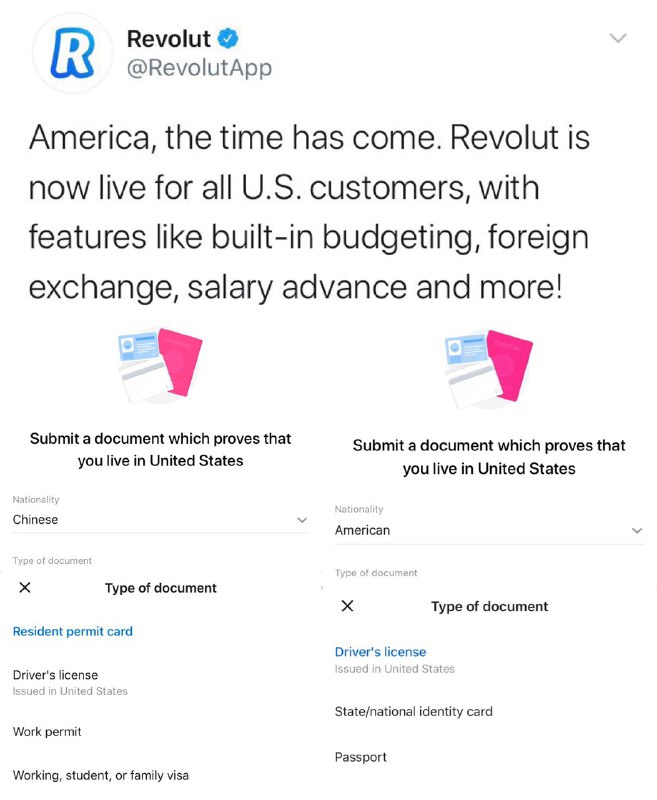 Revolut 正式上线美国#RevolutUS #金属卡🆕7/13/21更新：Revolut开始关闭b1b2开户的用户帐户[DP]🆕5/29/21更新：Revolut开始清理之前B1/B2开户的用户，要求提交ID否则关户[DP]🆕5/13/21更新：Revolut邮件通知要求6/1之前提交SSN/ITIN[DP]，客服说是发错了？[DP]🆕4/12/21更新：上线限量版新卡 Anthony Joshua design debit card🆕3/22/21更新：Revolut 正在美国、英国申请银行牌照，目前已经有立陶宛银行牌照🆕9/30更新：B签无法开通[DP]🆕9/17更新：现在也可以订购🌈卡了[DP]🆕 8月5日更新：重新上线Metal Plan [DP]👉🏿 Revolut US接受开户的证件：  • 美国护照、美国驾照、Photo ID  • 非美国护照+工作/学生签证[技巧]本文已更新至👇🏿