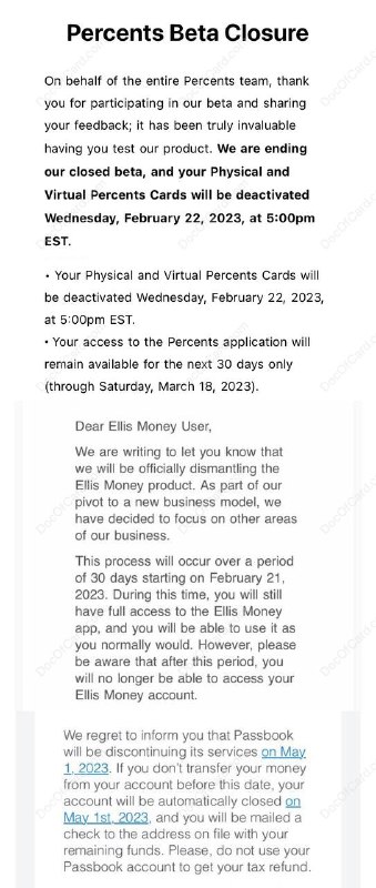 #数字银行 #20232023 开年，数字银行先死一波 • 2/22： Percent 关闭测试，服务下线 • 2/21： Ellis 开始陆续关闭 • 5/1： Passbook 关闭服务 • 3/31：Paceline 下线 • 3/31：Rewire 陆续关闭账户 • 4/30：Ziglu 禁止使用debit • 4/22：Enzo 关闭账户 • 6/22：Sable 下线 • 10/9：treecard 下线下一个会是哪家呢？✔️ @DocOfCard / DocOfCard.com