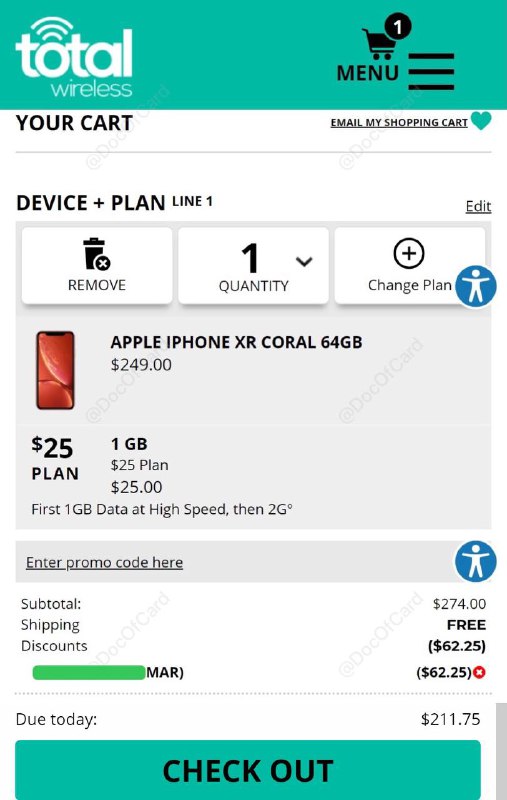 Total Wireless iPhone XR $197 (有锁)#iPhone #totalwireless #deal*有DP确认是全新机，但是网站没写!❶ 打开 totalwireless.com 网站点击首页广告获取25%优惠码(如题图)❷ 注册返现网 Rakuten ($30邀请奖励)，搜索 totalwireless，通过$15返现链接进入❹加入 iPhone XR 64GB 到购物车🛒❺同时加入$25的plan到购物车🛒➏填入邮件中步骤❶获得的优惠码❼ 购买完成后，进入返现网站后台，查看pending中的购物记录⚠️注意： • 该手机有锁，解锁要求使用套餐12个月 • Total Wireless为Verizon MVNO，无合约 • 无漫游，未测试是否可以漫游WiFi Calling  • 适合直接实体卡黑解使用 • eSIM黑解技术只在少部分人[1][2]手里💹总结：iPhone XR 64G：$249 + $25 plan - $62.25 折扣- $15 (Rakuten返现)  *- $30/$40 (Rakuten新用户奖励)= $197+税👉🏿 @DocOfCard