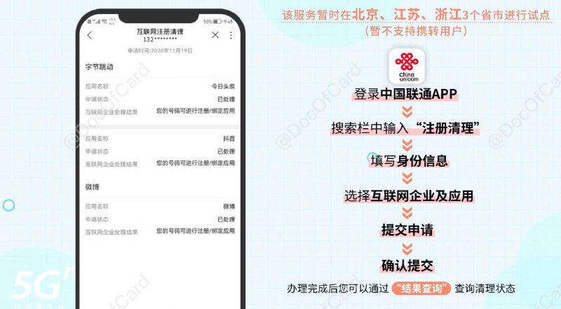 中国联通推出互联网注册清理服务#中国联通 #工信部👉🏿 中国联通 联合 中国信通院 码号服务推进组及部分互联网企业推出互联网注册清理服务，实现号码在多互联网平台已注册信息的统一处理 • 目前支持微博、抖音、今日头条、美团、大众点评、小米等 • 该服务暂时在北京、江苏、浙江3个省市进行试点，暂不支持携号转网用户👀相关：一证通查、一键查卡、一键解绑👉🏿 @DocOfCard / 漫游卡合集
