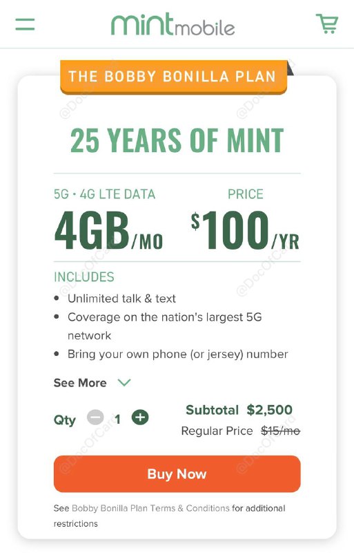 Mint Mobile eSIM #Mint #eSIM • 活动截止：11:59 P.M. PST on July 1 • 有效期25年，总价$2500✅ mintmobile.com/product/bobby • Mint Mobile为T-Mobile MVNO • 支持漫游中国，支持漫游WiFi Calling，支持漫游激活 • 支持eSIM，也可以实体卡转eSIM • 需要充值UpRoam Credit才能漫游出信号 • 最低套餐价格为$15/月 • 通过 邀请链接 注册可得$15漫游中国（LTE直接漫游）：[官网] • 语音：$0.25/min • 发短信：$0.05/sms • 流量：$0.2/MB漫游中国（WiFi Calling ）： • 语音（美国号码）：$0/min • 发短信（美国号码）：$0/sms • [T&C]：Mint Mobile reserves the right, in its sole discretion, to terminate Mint Mobile’s service, and purchase the remainder of the The Bobby Bonilla Plan from you, your assigns, or your heirs, on a pro-rata basis, at any time and for any reason (including but not limited to fraudulent activity by customer), upon 30-day advanced written notice.点评：只是介绍一下Mint也可以漫游，25年就不必买了👉🏿 @DocOfCard / 漫游卡合集