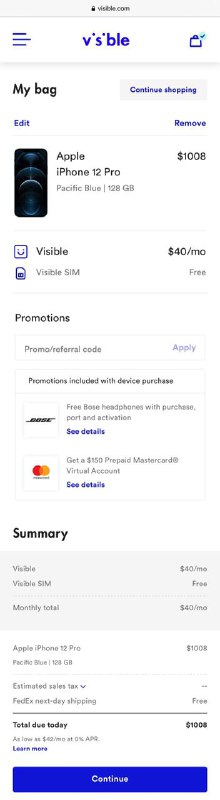 Visible iPhone 12 Pro 最低$500到手#iPhone #Visible #活动🆕11/6更新：Extrabux现在只有8%返现了[DP]❶ 注册返现网 Extrabux，新用户$5返现+ Visible链接15%返现❷ 在Extrabux网站搜索 Visible，通过Visible购物返现链接进入Visible网站购买❸ 购买iPhone 12 Pro（可配合信用卡折扣），需要转入一个现有号码，可以转入GV或者通过eBay买一个号码转入❹ Visible月费$40，但是通过PartyPay加上3个好友可以降低到每月 $25，2个月后可拿到 $150返现卡 + 价值$200的BOSE耳机❺ 购买完成后，进入Extrabux后台，查看pending中的购物记录，激活cashback boost卡的额外3%返现，这样一共可以拿到15%的返现⚠️注意： • Visible为Verizon  Prepaid MVNO，无锁，无合约要求，无国际漫游 • Visible转入号码后至少需要使用 8 周，按照过往经验，交完第2个月月租一周后即可提前拿到返现卡 [DP] • Visible购物和月租消费都可以触发 AmEx 白金卡的话费报销💹总结：iPhone Pro 128G 价格 $1008 - Extrabux 15% +$5返现 - $150 Visible返现卡 - 信用卡消费返现（限美卡）- $40 AmEx白金卡话费报销- $100 BOSE耳机折价 + $50 Visible月租👀相关：iPhone SE 2020 最低$148+税👉🏿 @DocOfCardVisible iPhone 12 Pro 最低$500到手#iPhone #Visible #活动🆕11/6更新：Extrabux现在只有8%返现了[DP]❶ 注册返现网 Extrabux，新用户$5返现+ Visible链接15%返现❷ 在Extrabux网站搜索 Visible，通过Visible购物返现链接进入Visible网站购买❸ 购买iPhone 12 Pro（可配合信用卡折扣），需要转入一个现有号码，可以转入GV或者通过eBay买一个号码转入❹ Visible月费$40，但是通过PartyPay加上3个好友可以降低到每月 $25，2个月后可拿到 $150返现卡 + 价值$200的BOSE耳机❺ 购买完成后，进入Extrabux后台，查看pending中的购物记录，激活cashback boost卡的额外3%返现，这样一共可以拿到15%的返现⚠️注意： • Visible为Verizon  Prepaid MVNO，无锁，无合约要求，无国际漫游 • Visible转入号码后至少需要使用 8 周，按照过往经验，交完第2个月月租一周后即可提前拿到返现卡 [DP] • Visible购物和月租消费都可以触发 AmEx 白金卡的话费报销💹总结：iPhone Pro 128G 价格 $1008 - Extrabux 15% +$5返现 - $150 Visible返现卡 - 信用卡消费返现（限美卡）- $40 AmEx白金卡话费报销- $100 BOSE耳机折价 + $50 Visible月租👀相关：iPhone SE 2020 最低$148+税👉🏿 @DocOfCard