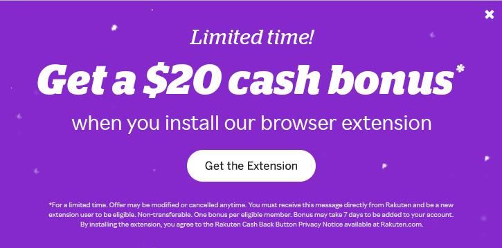 安装Rakuten插件送$20或2000MR#Rakuten #eBates • 活动结束时间：11月19日 • (需之前未安装过插件)登陆 rakuten.com 如果看到题图弹窗，安装插件可获得奖励 • 活动奖励需7天后才能发送到帐户 • 新用户(用美国🇺🇸IP)通过 [邀请链接] 注册奖励$40 + 安装插件共可获得$60或者6000MR⚠️注意： • 需通过弹窗提醒链接安装插件才有效 • 新用户邀请奖励限时$40，未通过邀请链接注册只有$10，注册后90天内完成 消费要求 才能获得$40邀请注册奖励👉🏿 @DocOfCard