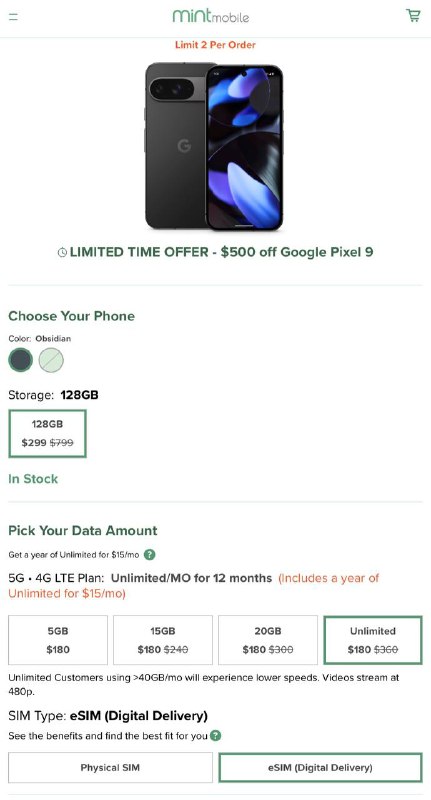 Mint Mobile Google Pixel 9 $299 $799#Mint Mibile #Pixel #BlackFriday ▎ 优惠要求 • 新用户:  12个月 Unlimited Plan + Port in • ✔️Mint 现有用户:  无要求， 购买方法▎ 购机 • Rakuten 新用户：通过 Rakuten $2.5 返现链接购买，3个月 Plan $45 的消费正好完成新户奖励要求 • 非 Rakuten 新户：查询 AmEx/Bofa/Chase 等有没有 Mint offer • 手机有锁，解锁要求 Mint 在网60天 [官网]▎ Mint Mobile • 支持 eSIM • 支持漫游激活 • 支持流量漫游，需充值 Credit 最低 $5 • 支持漫游 WiFi Calling✔️@DocOfCard / DocOfCard.com