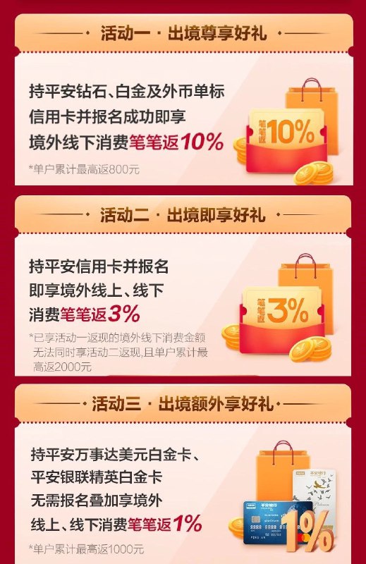 平安境外10%，3%和1%返现活动👉🏿 2019年12月1日-2020年2月29日👉🏿 报名：平安口袋银行APP-境外专享