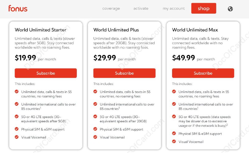 fonus mobile 流量卡介绍#fonus #eSIMFonus 2019 年底在加拿大上线，租用 Rogers 的网络，最初域名是 fonus.me揭底Fonus - 是骗局还是梦Fonus 老板最初对于 『为什么没有服务条款，隐私条款，公平使用条款』 的回复是 I don't care about terms of service. I don't think you do either.✔️ 可用地区: fonusmobile.com/coverage✔️ • ✅ AppStore • 💰 GooglePlay • 亚太地区: 塔塔移动的新加坡IP [DP] • 欧洲地区: 塔塔移动的美国IP • 北美地区: 漫游ATT原生IP • 可选实体卡(荷兰KPN)和 eSIM • 所有套餐含85+国家/地区无限流量，区别在于高速流量限制不同 • 通话/短信使用 Fonus app，可选美/加号码，虚拟号不能转入转出，换卡需联系客服✍️点评：就是eSIM流量卡+app网络电话🔗相关: free.fr 法国Postpaid eSIM手机卡✔️@DocOfCard / 漫游卡合集