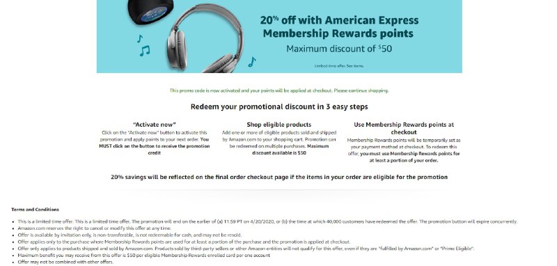 Amazon Amex MR 20% off延期到4/20#Amazon #Amex👉🏿 激活优惠链接(需要先绑定卡)：