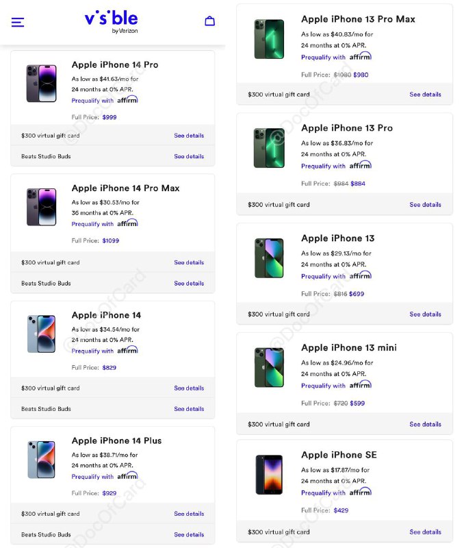 Visible iPhone 返现加码到 $300, iPhone SE 2022 到手 $174 + 税#Visible #Rakuten🆕10/13更新：活动结束了🆕 10/11更新：Visible 再次加码，14系列送 300GC + Beats Studio Buds🆕 Visible 为各型号 iPhone 提供 $300 gift card 返现, gift card 现在不提供 MGC，但是有 Amazon GC/Uber Eats可选▎注意： • iPhone 14 美版 eSIM only，无实体卡槽 • 转入的号码要在[这个列表]里 • Visible 实体卡可漫游激活 [DP][DP]，🆕10/15更新：可漫游激活 eSIM，需要网关US代理[DP] • 手机无合约，无LTE漫游 • 支持漫游WiFi Calling[DP](需魔法)、WiFi Calling over Cellular Data (非大陆主卡) • 漫游开通 WiFi Calling 需要联系客服 • 漫游 WiFi Calling 能接打电话、收短信，但无法发出 • 手机[有锁]，用套餐61天自动解锁[DP][DP2]，云用户可能需要联系客服解锁 • 需连续激活Visible服务12周，付清3个月月租一周后拿到GC[DP][DP]和AirPods • 万一promotion掉了，试试客服要回[DP]▎可叠加返现： • Rakuten $25 返现，如果是Rakuten 新用户，有额外 $30 新用户邀请奖励 • 可叠加首月 $30 - $20 refer：3t7MRT • 可叠加 BofA/Chase $25 target offer▎购买方法：