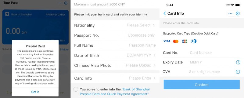 支付宝上线支持外国游客在中国使用的预付卡#TourPass #支付宝👉🏿 引用 #322 • 用外国手机号码注册支付宝以后，搜索小程序 “Tour Pass” 充值开通预付卡 • 需要提交护照资料和入境签证页照片 • Tour Pass 有 5% 的服务费👉🏿 @DocOfCard / 银行账户卡合集