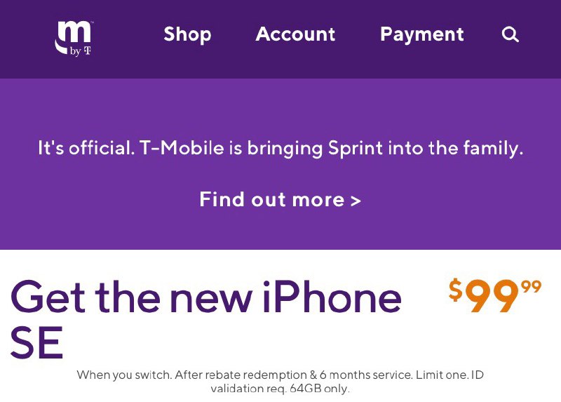 iPhone SE 2020 $99 at MetroByT-Mobile#deal👉🏿 Metro® by T-Mobile offering iPhone SE 2020 at $99+taxes for a limited time • In Store Only • Eligible wireless number port-in required (Excludes phone numbers currently on T-Mobile or active on Metro in past 90 days) • Identification with validation of name, address, and date of birth provided through independent database and presentation of matching required to receive an instant $300 rebate off full retail price • Limit four (4) total phone instant rebates per account/household • $15 activation fee/line • Minimum 6 months needed to unlock • International roaming available$99.99+retail tax+$15 activation fee+($30 monthly fee+$5 presumably tax)*6 > $325*YMMV：⓵,  ⓶👉🏿 