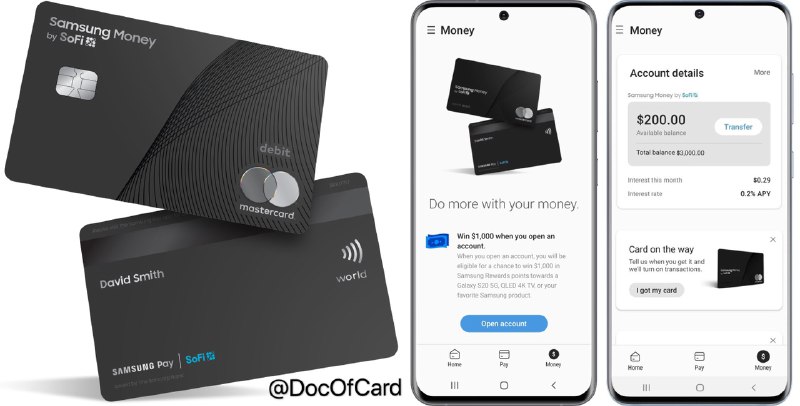 三星计划推出Samsung Money借记卡#SamsungMoney #SamsungCard #SamsungPay #Samsung🆕07/23更新：Samsung Money by SoFi 现已正式推出 [开箱DP]👉🏿 Apple Card, Google Card, Huawei Card 之后，Samsung Card也要来了 • Samsung和SoFi合作设计，正式名称为Samsung Money by SoFi • 可通过Samsung Pay查询余额，暂停或重新开始消费，冻结或解冻卡，更改密码 • 搭配一张万事达Debit Card实体借记卡，不显示卡号、到期日和卡安全码(CVV) • 无账户管理费 • 需要SSN [DP] • 预计今年夏天晚些 现已正式推出✅ 