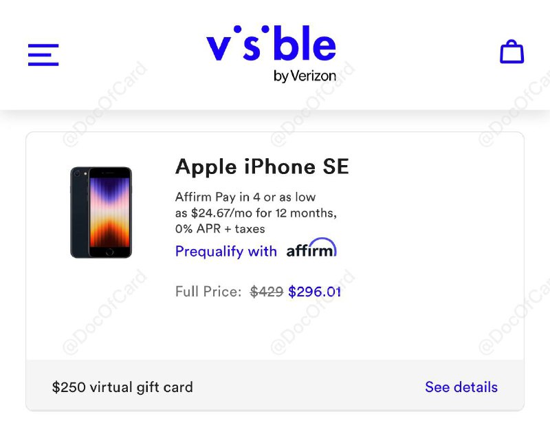 Visible iPhone SE 2022 仅 $296 返 $250#Visible #Rakuten🆕活动才2小时就结束了▎注意： • 返现网站必须用🇺🇸IP注册和使用 • 转入的号码要在[这个列表]里 • Visible 实体卡可漫游激活 [DP][DP]，🆕10/15更新：可漫游激活 eSIM，需网关🇺🇸代理[DP] • 手机无合约，无LTE漫游 • 支持漫游WiFi Calling[DP](需魔法)、WiFi Calling over Cellular Data (非大陆主卡) • 漫游开通 WiFi Calling 需要联系客服 • 漫游 WiFi Calling 能接打电话、收短信，但无法发出 • 手机[有锁]，用套餐61天自动解锁[DP][DP2]，云用户可能需要联系客服解锁 • 需连续激活Visible服务12周，付清3个月月租一周后拿到GC[DP][DP] • 万一promotion掉了，试试客服要回[DP]▎可叠加返现： • Rakuten $15 返现，如果是Rakuten 新用户，有额外 $30 新用户邀请奖励 • TopCashback $31 返现， 需7天内激活 • 可叠加首月 $30 - $20 refer：3t7MRT • 可叠加 BofA/Chase $25 target offer • 似乎还可以叠加一个 B&O，未实测▎购买方法：