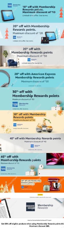[YMMV]用AmEx MR点数卡在Amazon消费10%/20%/30%/40%/50% off up to $80#Amazon #AmEx🆕 最高可获得50% off up to $80👉🏿 通过以下链接查询是否被targeted✔️ amazon.com/b?node=20906611011❶ 未绑定过AmEx MR点数卡到Amazon账户的用户需要通过 这个链接 提前绑定❷ 首次绑定卡后需要等24小时❸ 只有 Sold and Shipped by Amazon.com 的商品满足活动条件❹ 付款时必须至少使用 $5 点AmEx MR点数(即填入5)⚠️不适用于Amazon礼品卡，但应该适用于 第三方礼品卡✔️@DocOfCard