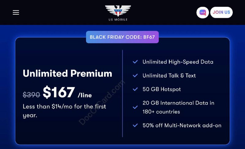 US Mobile Unlimited Premium Plan 黑五限时特价 $167 首年 (限 T-Mobile 网络)#USMobile #BlackFriday✔️ uid.is/usm活动开始时间： 11AM ET 11/28 • Google Pixel 10 $349.67 • Samsung Galaxy S25 Edge $599.67 ✔️@DocOfCard / 🇺🇸手机卡合集