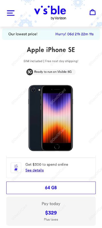 Visible iPhone SE 2022 仅 $329 返 $300#Visible #Rakuten▎注意： • 返现网站必须用🇺🇸IP注册和使用 • 转入的号码要在[这个列表]里 • Visible 实体卡可漫游激活 [DP][DP]，🆕10/15更新：可漫游激活 eSIM，需网关🇺🇸代理[DP] • 手机无合约，无LTE漫游 • 支持漫游WiFi Calling[DP](需魔法)、WiFi Calling over Cellular Data (非大陆主卡) • 漫游开通 WiFi Calling 需要联系客服 • 漫游 WiFi Calling 能接打电话、收短信，但无法发出 • 手机[有锁]，用套餐61天自动解锁[DP][DP2]，云用户可能需要联系客服解锁 • 需连续激活Visible服务12周，付清3个月月租一周后拿到GC[DP][DP] • 万一promotion掉了，试试客服要回[DP]▎可叠加返现： (➊➋二选一) ➊ Rakuten $45 返现，如果是Rakuten 新用户，有额外 $40 新用户邀请奖励 ➋ TopCashback $63 返现， 需7天内激活 • 可叠加首月 $30 - $20 refer：3t7MRT • 可叠加 BofA/Chase $25 target offer▎购买方法：