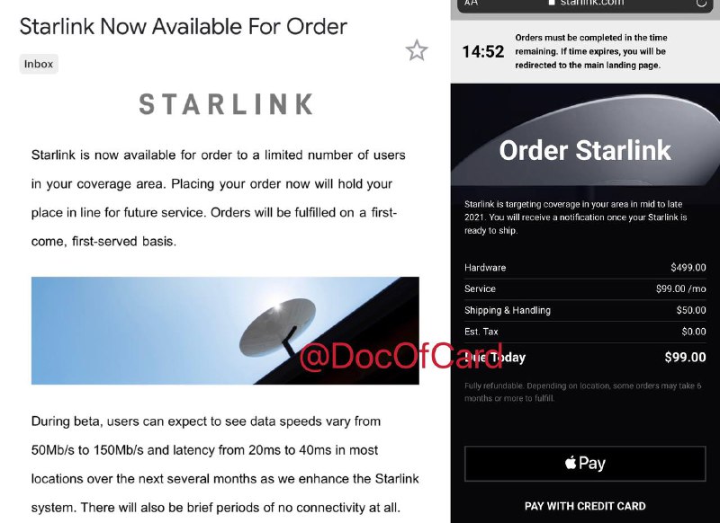 #Starlink🆕2/23更新：Starlink扩大测试申请地区✅ starlink.com • 北京也可以预约？2022年发货？[DP] • 群友已下单[DP]👀相关：Starlink测试视频 • Starlink内测延迟18ms下载102.88Mbps • 网友制作Starlink卫星覆盖图 • Starlink实时分布 • 观测到Starlink卫星图 • 观测到Starlink卫星视频👉🏿 @DocOfCard