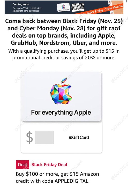 买 $100 Apple GC 送 $15 Amazon credit#Amazon #AppleGC #BlackFriday✅ amazon.com/b?node=24424378011活动时间：11/25 - 11/28 PT • 建议使用pc通过链接下单，pc付款的时候可以看到 Apple Promo 自动生效 • 可叠加 AmEx MR、Chase UR、Citi TYP、Discover 等信用卡offer • 预计优惠码有使用次数限制，先买先得 • 优惠码每人只能使用一次 • Promo credit 将在订单发货后 3 天内自动发送到 Amazon帐户 • Promo credit 有效期截止 1/23/23，仅用于 Sold and Shipped by Amazon.com 商品 • 实测 credit 很多gc都可以用，除了🍎✔️@DocOfCard