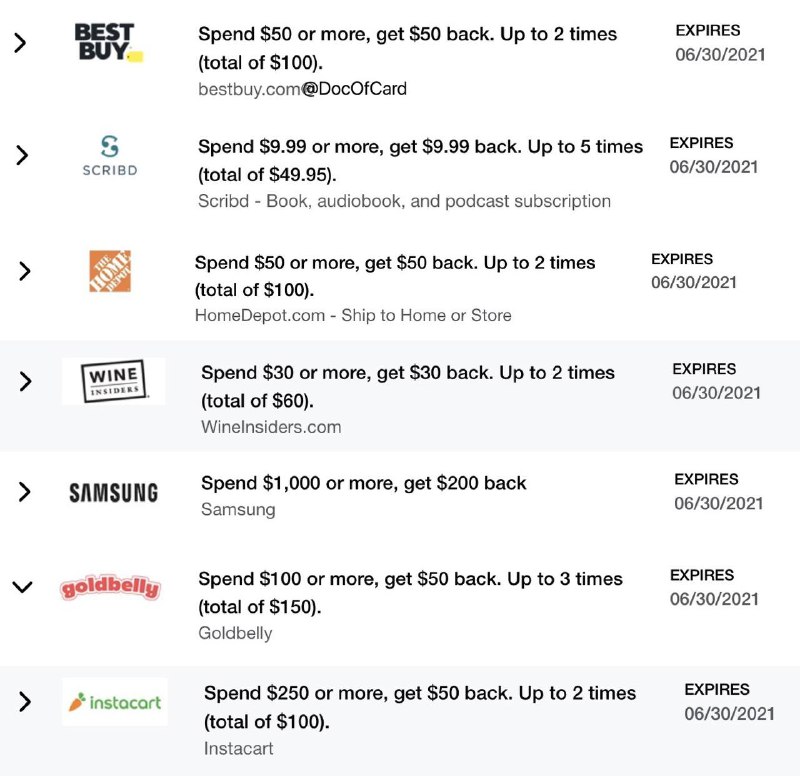 AmEx Platinum新增多种实用offer#AmEx #金属卡👉🏿 群友[DP]AmEx offer为platinum持卡用户推出多种实用购物offer，如： • Bestbuy满$50返$50，限2次 • HomeDepot 满$50返$50，限2次 • Home Chef 满$50返$50，限1次 • Samsung满$1000返$200，限1次 • AmEx Platinum 新增$30/月PayPal报销 • AmEx Platinum 100k + 10x开户奖励AmEx Platinum：年费$550 - $180 PayPal报销 - $100 Bestbuy - $100 HomeDepot - $200 Samsung - $200 航空报销 - $200 Uber Credit - $100 Saks credit = 负年费卡👉🏿 @DocOfCard