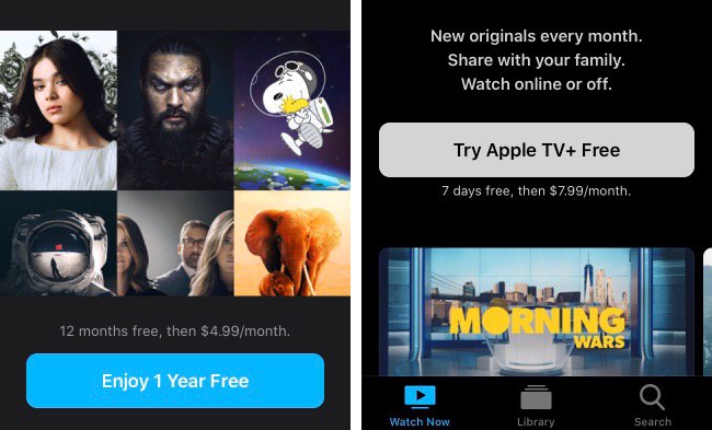 苹果免费送一年Apple TV+#AppleTV • 正式订阅价格为每月$4.99 • 要求是9 月 10 日后购买的可以运行最新 iOS, iPadOS, tvOS, or macOS 系统的新设备 • 国行设备同样可以获得免费的一年 Apple TV+ 订阅，与激活设备的 Apple ID 无关，与机型无关 • 如果你的账户余额里有足够的钱支付第一个月的订阅费用可以绕过支付验证的步骤 • 最多可以与 5 位其它的家庭成员共享 • 如果不想付费要在扣款日1 天之前取消订阅 • 不管是在哪个区订阅都提供中文字幕(中文字幕隐去了部分敏感内容)👉🏿 @DocOfCard