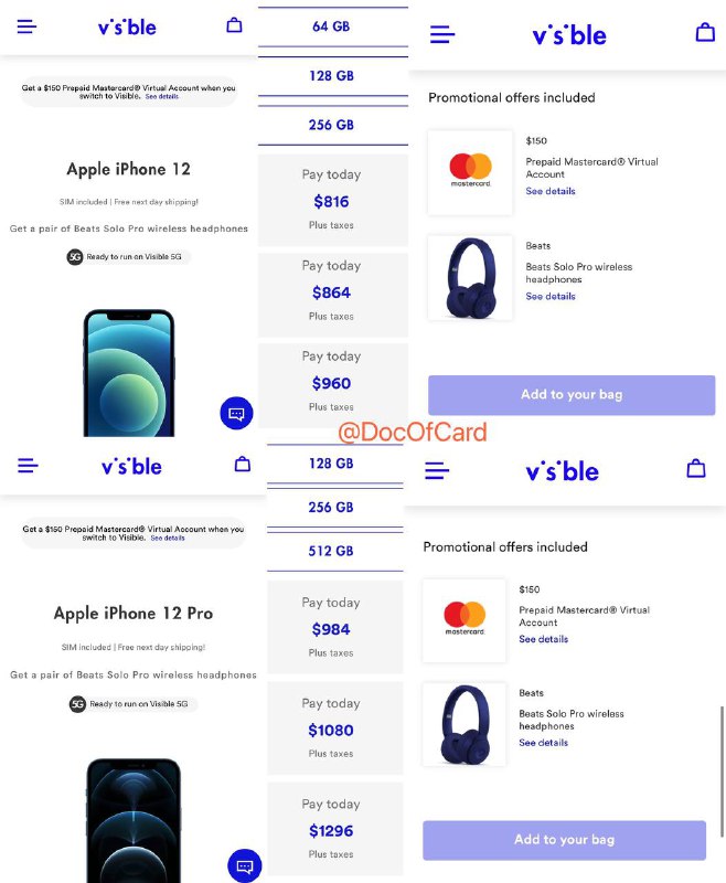 Visible买手机送返现卡送耳机#Visible #iPhone准备工作： • 关闭浏览器的 广告屏蔽插件比如adblock  • (如果有)清空Visible购物车 • 准备一个用来转号的号码：可以[eBay]买 • (最好)准备好美区PayPal和美国卡开始购买： ⓵ 通过[$20邀请链接]注册Rakuten，并下载安装Rakuten的[Chrome浏览器插件] ⓶ 在Rakuten网站顶部搜索Visible，通过 $60返现链接 进入Visible购买⚠️观察浏览器插件图标状态，判断返现有没有中断⚠️ 整个购物过程必须在当前通过返现链接打开的页面中完成 ⓷ 配送地址和信用卡账单地址必须一致，通过PayPal付款成功率更高(不支持AmEx) ⓸ Visible月费$40，但是通过PartyPay加上3个好友可以降低到每月 $25⚠️注意： • Visible支持eSIM[DP] • 手机无锁，无合约，无国际漫游 • Visible支持漫游WiFi Calling[DP][DP] • 拿到返现需要使用 8 周，而按照过往经验，直接付清2个月月租一周后即可拿到返现卡 [DP] • 折扣价(加入party)不可以提前付清月租(结算日7天前才可)[DP]💹总结：（一个🌰，也可以选其他的📱）❷ iPhone 12 Pro 256G：$1080 + 税- $60 Rakuten Cash Back- $20 Rakuten新用户奖励- $150 Prepaid Mastercard- $150 Beats Solo Pro wireless[Amazon](- $25 Chase信用卡)+ $65 Visible 月租= $765 + 税👉🏿 @DocOfCard