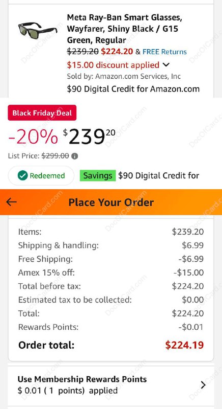 Amazon Ray-Ban Meta Smart Glasses (Wayfarer) +$90 Amazon Digital Credit $239#Amazon #Ray-Ban #雷朋 #BlackFriday ▎ Amazon 雷朋 Meta AI 眼镜： • 原价 $299 ，黑五优惠价 $239 • 加送 $90 Amazon Digital Credit • 需要使用优惠码 WAYFARER90 • 建议配合 Amazon 美卡点数活动 • Rakuten 新户 $40 奖励 ，可以在把 Giftcards 购买的 Amazon 余额用完 • An email confirming the credit will be issued 24 hours after shipment is complete. • Credit expires at 11:59 p.m. (PT) 1/31/25. • Promotional credit only applies to Ray-Ban | Meta Wayfarer Smart Glasses.▎ Target 同价，送 $90 Target GC✔️@DocOfCard / DocOfCard.com