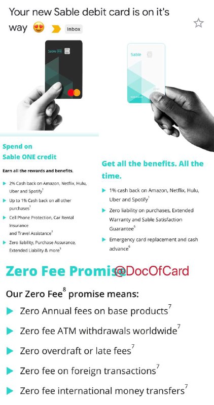 Sable寄出新卡，并更新了持卡福利#Sable🆕3/19/21更新：新卡BIN：539217👉🏿 自上次Sable提到要将合作方从EVOLVE BANK更换到Coastal Community Bank, Member FDIC后，终于开始配送新卡更新持卡福利： sablecard.com/rewards■Secured credit card：[TOS] • Rewards[TOS]：消费返现、手机保险、租车保险、零责任、价格保护、购物保险、延长保修、旅行协助等 • Credit history build：帮助建立美国信用记录并上报Experian、Equifax、TransUnion■Debit card：[TOS] • Rewards[TOS]：消费返现、零责任、延长保修、礼宾服务、预支现金、紧急换卡等■Sable同时提供：0年费、0全球ATM取现费、0透支费、0 FTF、0国际汇款费👀相关：美国数字银行Sable Bank👉🏿 @DocOfCard / 银行账户卡合集