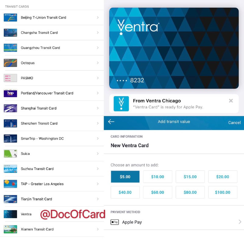 芝加哥Ventra上线支持Apple Pay#Ventra #ApplePay👉🏿 群友[DP]芝加哥Ventra上线Apple Pay，支持CTA和Pace，FAQ • 首次开卡需通过 Ventra APP • 最低充值$5 • 官网：ventrachicago.com👀相关：波特兰Hop Fastpass👀相关：华盛顿特区SmarTrip👀相关：洛杉矶Metro TAP👀相关：湾区Clipper Card👉🏿 更多 Apple Pay交通卡👉🏿 @DocOfCard / 其他汇总
