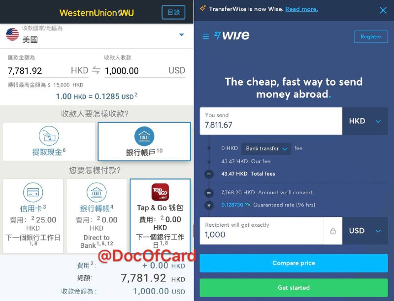 香港两种低手续费的跨境汇款方式#西联汇款 #WUHK #Wise #跨境汇款■ 西联汇款+拍住赏 ≈ Revolut HK  • FPS → Tap&Go → 西联汇款HK→ • 注意必须准确填写汇款信息，如果汇款被拒收/退回只能亲临香港解决[DP] • 需要填写护照号码 • 实测 Monzo、Passbook(ACH)、Revolut US(ACH)正常到账，0手续费 • 官网常见问题■ Wise：（原名TransferWise） • FPS → Wise(星展银行收款) → • Wise玄学风控👉🏿 @DocOfCard / 银行账户卡合集