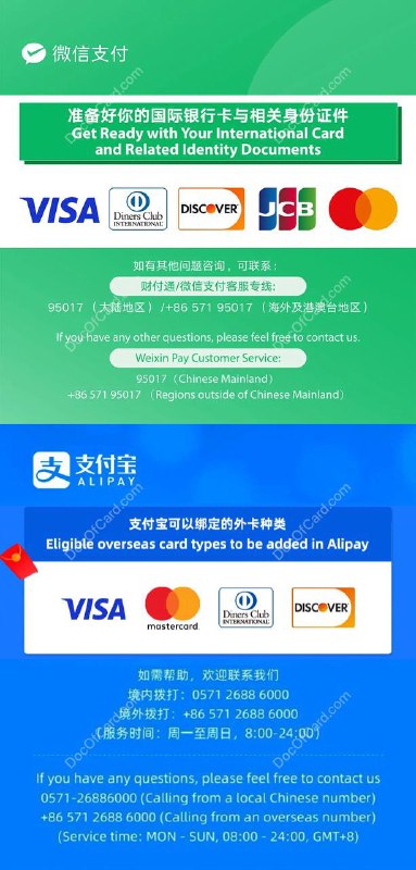 微信、支付宝的外卡支持进度#微信 #支付宝🆕2/18/25更新： 支付宝开始支持绑定境外美国运通卡🆕1/21/25更新： WeChat Pay 开放支持 Apple Pay🆕8/24/24更新： 微信，支付宝开始支持绑定银联国际卡🆕3/19/24更新： 微信支付重新允许护照实名且未绑定大陆银行卡用户收款和收红包🆕3/2/24更新： 微信允许未实名用户直接激活微信支付并绑定外卡消费，限额 ¥15000🆕1/30/24更新：  据群友 [DP] 微信支付再次允许大陆证身份实名的用户绑定外卡，不知道这次是彻底放开还是系统抽风呢？🆕8/2/23： 微信支付(Wexin Pay)突然开始限制用户大陆身份实名的用户绑定外卡，已经绑定的外卡暂时还能使用🆕7/20/23： 微信和支付宝都已全量支持外卡绑定所有商户使用，包括支持非大陆用户实名使用✔️ 