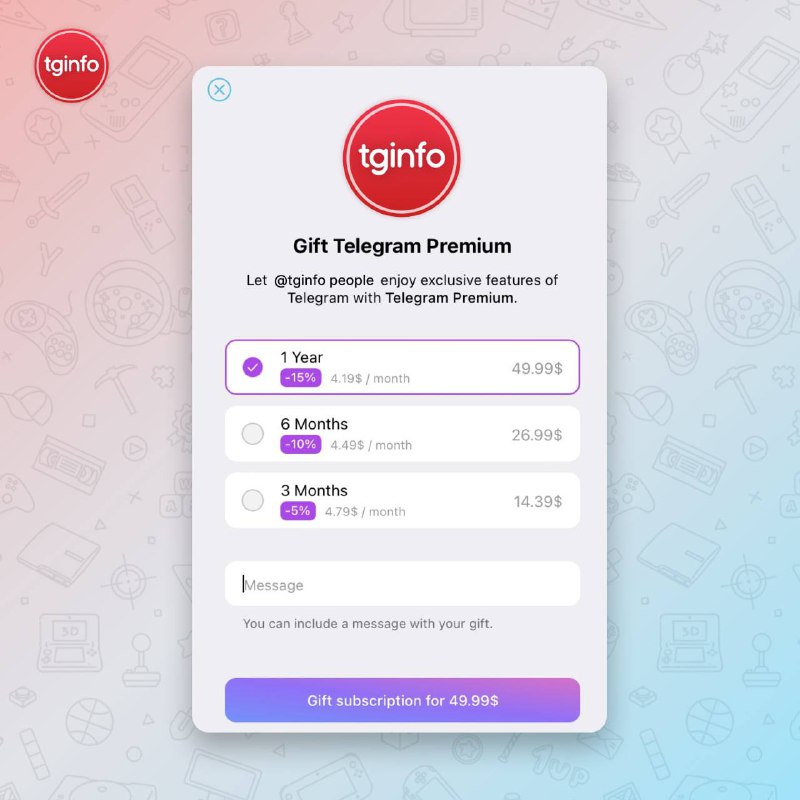 #TelegramTelegram 将推出赠送他人 Premium 的功能三种折扣计划： • 3 个月（5% 折扣）— $14.39 • 6 个月（10% 折扣）— $26.99 • 1 年（15% 折扣）— $49.99消息来源：