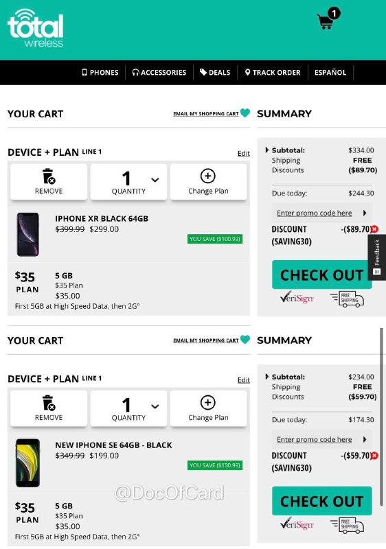 iPhone XR $204/ iPhone SE 2 $134 (有锁)#iPhone #totalwireless #deal🆕11/19更新：优惠码已失效🆕11/18更新：群友[DP][DP2]收到XR，并且成功用卡贴激活————————————❶ 通过 这个链接 新注册Rakuten (或者之前在这里注册过Rakuten还未完成首单购物的用户)，通过Rakuten的4%返现链接进入网站购买，这样可以获得4%返现+完成$40的新用户奖励或❶ 已经拿过Rakuten新用户奖励的，注册返现网 TopCashBack(新用户$10欢迎奖励)或❶ 通过返现网 retailmenot 15% off (up to $50) 链接进入购买❷ 在rakuten/topcashback搜索 totalwireless，通过totalwireless购物返现链接进入购买❸ 购买 Total Wireless iPhone XR 64GB 或者 iPhone SE 2 64GB 到购物车🛒❹ 同时加入$35的plan到购物车🛒❺ 填入30%优惠码[DP]：SAVING30❺ 填入25%优惠码：NOV25➏ 购买完成后，进入rakuten/topcashback后台，查看pending中的购物记录⚠️注意： • 该手机有锁，解锁要求激活Total Wireless服务12个月 • Total Wireless为Verizon MVNO，prepaid无合约要求💹总结：iPhone XR：$299 + $35 plan - $89.70(30%off) - $30(cash back) - $10(welcome refer) = $204.3iPhone SE 2：$199 + $35 plan - $59.70(30%off) - $30(cash back) - $10(welcome refer) = $134.3*如果有AmEx Platinum还能再报销$20👉🏿 @DocOfCard