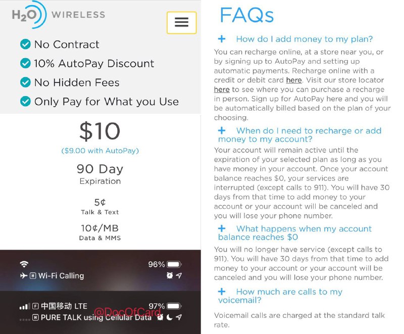 H2O美国保号号码#H2O #eSIM✅ h2owireless.com/plan/minute • 即将 支持eSIM [DP] • 不能直接漫游(*H2O Wireless service is for personal use in the U.S. only.) • 实测支持漫游WiFi Calling [DP] • 实测支持漫游WiFi Calling on Cellular Data (*测试时，主卡用的Fi漫游流量)[DP] • Paygo保号3个月租金最低$10 • 绑定卡AutoPay后优惠10% • 余额不足30天后将取消账户和号码 • WiFi Calling接打电话/收发短信：$0.05 🆕5/23更新：VoWiFi只能短信，接打电话直接就挂了，要重启才能继续VoWiFi[DP]，不知道是个案还是bug还是限制 • [PureTalk]和H2O同属TelRite应该也可以漫游WiFi Calling👀相关：USMobile WiFi Calling 👀相关：Tello WiFi Calling👉🏿 @DocOfCard / 漫游卡合集