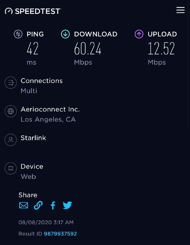Starlink测速延迟18ms下载102.88Mbps#SpaceX #Starlink #星链🆕6/20/21更新：德国用户[测速]下载速度达到649Mbps，不过并不稳定🆕5/20/21更新：德国用户[测速] 下载速度540Mbps[DP]🆕2/23/21更新：Starlink扩大测试申请地区，国内也能预约🆕9/9更新：目前最高测速[DP]延迟18ms，下载102Mbps，上传40Mbps👉🏿 [图片来源]Reddit上有帖子记录到多名用户对Starlink测速后，最低延迟达到了20ms，下载速度最大可以达到60Mbps👉🏿 更多测速结果：