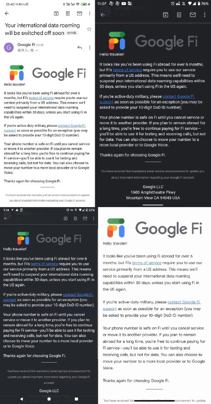 今天有多人报告Google Fi收到邮件通知， 连续流量漫游超过6个月将被暂停流量漫游功能 ，但是还能继续使用电话短信功能#GoogleFi🆕8月5日更新：Google Fi清场行动升级🆕3月20更新：疫情期间暂缓执行漫游限制鉴于最近漫游激活Fi频频出现B046错误，Fi这条路很可能也被玩坏了（相信主要还是黑卡问题造成的）