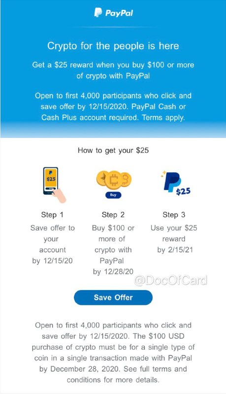 [Target]PayPal买币$50/$100送$10/$25#PayPal • 需PayPal认证过的账户 • 限前4000名加入offer的用户 • $50/$100须12/28前通过PayPal单笔买入 ✅ $50送$10链接  ✅ $100送$25链接👉🏿 @DocOfCard