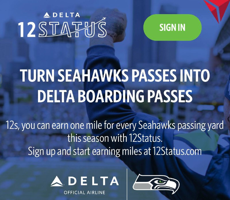 #12Status #Delta #SkyMiles🆕12Status邮件提醒，2021活动开始了，只需登记即可躺着领SkyMiles「 One mile for every yard the Seahawks throw on the field at both home and away games during the 2021 NFL Season will be awarded in your Delta SkyMiles® account. 」「在2021 NFL赛季所有主客场比赛中，海鹰队传球一个yard，Delta送你1 SkyMiles」✅ 