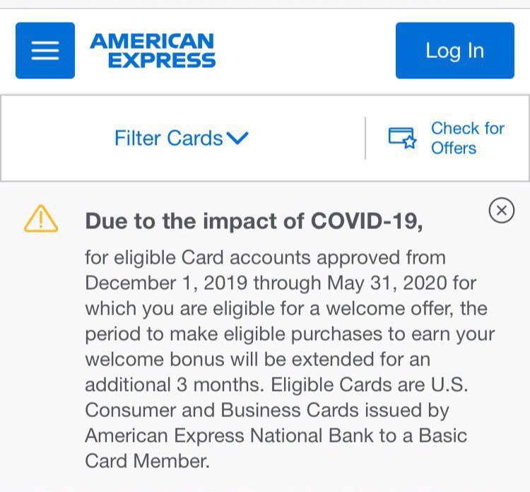 Amex延长疫情期间开卡奖励消费至6个月#Amex👉🏿 对2019年12月1日到2020年5月31日期间批准的有资格拿到新开卡奖励的卡账户，额外延长3个月消费期限，即共6个月 *卡片升级奖励消费期仍为3个月👉🏿 