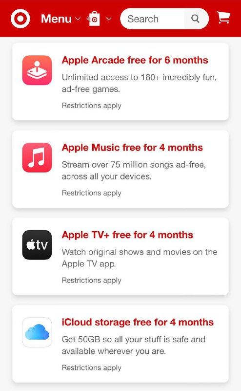 Target免费领4个月Apple Music/TV/iCloud（美区）#Target #AppleMusic #AppleTV #iCloud✅ target.com/circle/partners?lnm=81938 • 仅限新用户可以4个月[DP] • 老用户只能领到一个月 • 每个AppleID只能用一次优惠码 • 领取后立马邮件发送激活码 • 注意免费结束后会$9.99/月自动续费，不想续费的可以直接取消，不影响免费时间👀相关：京东领免费5个月Apple Music(中区)👀相关：Bestbuy免费领6个月Apple Music(美区)👉🏿 @DocOfCard