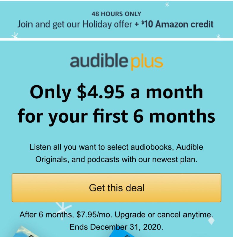 注册Audible Plus送$10 Amazon Credit#Amazon #deal✅活动时间：November 23, 2020 7:00AM PT until November 25, 2020 at 12:00PM PT or while supplies last.活动地址：