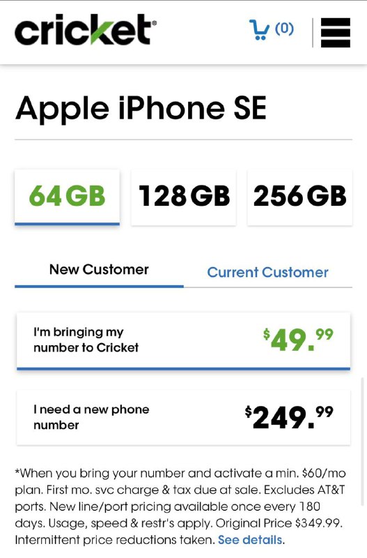 Cricket iPhone SE 2020 到手$50(有锁)#Cricket #iPhone🆕12/19更新：价格又回到了$49🆕12/12更新：Cricket被撸惨涨价到$149🆕11/26更新：Additional 20 off code：C205HG3HKSUA 👉🏿 群友[DP]Cricket有$49的iPhone SE 2020出售，需转入号码并开通$60的Plan ⓵ 先准备一个非AT&T号码(比如万能eBay)的account number 和pin用于port in转入⓶ 拿到一个$25 referral link(也可以和朋友要或eBay搜索或self refer)，打开链接填入邮箱后拿到unique code⓷ 从Rakuten返现链接进入($5返现[DP]，新用户奖励$40)Cricket网站购买 iPhone SE 2020 64GB，加入$60的Plan，转移号码使用带返现的卡付款，比如Chase $25 [target, DP]⓸ 收到手机并[激活]后，马上登录Cricket网站或APP，在