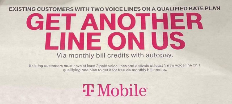 T-Mobile 免费送一条新线#TMobile✅ 活动时间：12/20 - 12/24✅ 活动代码： “2020 Line On Us 4” • 优惠[详细介绍][reddit讨论] • 需要已有(或新激活)两条或以上付费线的Postpaid用户 • 需要套餐SOC码在[这个列表]中，可以安装Chrome的[这个插件]查询套餐SOC码 • 可以和部分其他手机优惠一起使用 • (YMMV)可以和Costco BYOD $100 Rebate一起使用[DP]👉🏿 @DocOfCard
