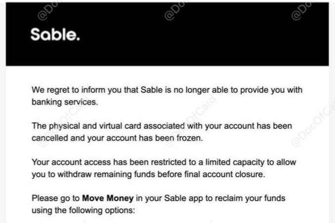 #Sable🆕5/22/23更新： Sable邮件通知将于 6/22 下线并关闭所有账户 [DP]🆕11/3/22更新：Sable终究不行了，开始邮件通知关户「看它长大，看它倒下」 • 5/21/20：支持Apple Pay、Google Pay • 10/31/20： 更换银行合作方 • 3/8/21： 寄出新卡 • 5/1/21：开始上报信用 • 9/6/21：支持Plaid • 11/1/21： 可以转非押金卡了 • 12/28/21：加入2% FTF • 8/3/22： 加入ITIN支持 • 10/7/22：不再接受新开户✔️@DocOfCard / 🇺🇸美卡合集
