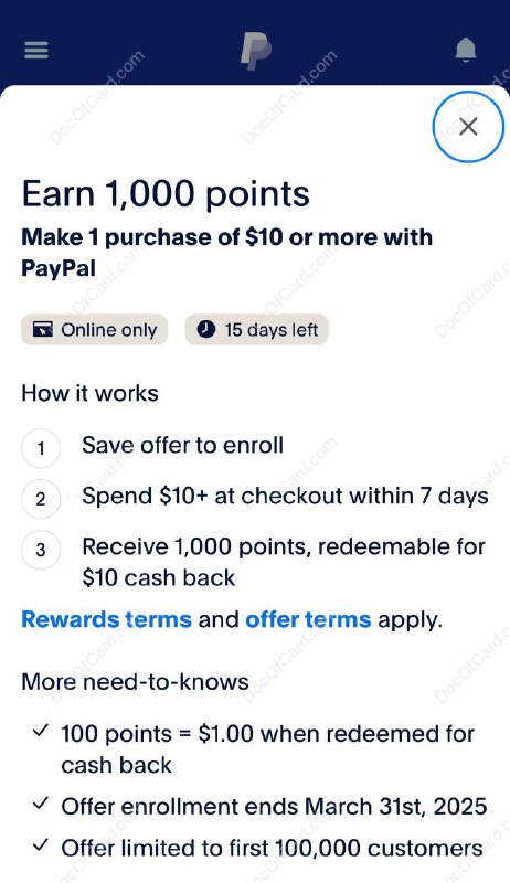 PayPal 消费 $10 送 1000 积分(价值 $10)#PayPal #活动✔️ paypal.com/us/campaign/mar2025ixo • 活动时间：3/17 - 3/31 PT • 仅限 PayPal US 用户 • 保存优惠后 7 天内完成消费 • 每个账户限一次 • 活动限前 100,000 用户，先到先得 • 注意活动需要消费美元$才算 • SSN/ITIN 认证过的 PayPal 可以存入余额；未认证的可以提现到银行账户比如 Wise；没有银行账户的直接下次付款积分抵扣，不要换成美金✔️@DocOfCard / DocOfCard.com
