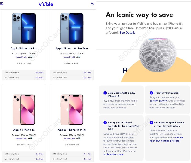 Visible iPhone 13 返现$200送HomePod Mini#Visible #iPhone #活动👉🏿 13活动终于来了，力度一般，第三方的返现比例也没有以前多了，不过对于不想捆绑合约的用户还是可以的准备工作： • 关闭浏览器的 广告屏蔽插件比如adblock  • (如果有)清空Visible购物车 • 准备一个用来转号的号码，注意号码不要在Visible转号激活前过期 • (最好)美区PayPal开始购买： ⓵ 通过[$30邀请链接]注册Rakuten，并下载安装Rakuten的[Chrome插件] ⓶ 在Rakuten网站搜索Visible，通过 $15返现链接 进入Visible购买⚠️观察浏览器插件图标状态，判断返现有没有中断⚠️ 整个购物过程必须在当前通过返现链接打开的页面中完成 ⓷ 使用优惠码 3qlJQg 首月月租降低到$5 ⓸ 通过PayPal付款成功率更高(不支持AmEx)⚠️注意： • Visible手机现在[有锁了]，用满套餐61天自动解锁[DP][DP2] • Visible支持eSIM[DP]，无国际漫游 • Visible支持漫游WiFi Calling[DP][DP]（可拨打接听电话，发送不出短信）[reddit] • Visible 无合约，可以漫游激活 [DP][DP] • 拿到返现需要[卡放手机里]使用 12周，付清3个月月租一周后即可拿到返现卡 [DP] • HomePod Mini只需激活后即可客服兑换 • 转入的号码要在[这个列表]里 • 手机开机激活要用Visible的卡🌰二个例子：iPhone 13 Pro 256G：$1080 + 税 [DP]- $15 Rakuten Cash Back- $30 Rakuten新用户奖励- $200 Prepaid Mastercard(可充值Revolut)(- $25 BofA/Chase target返现)- $80 HomePod Mini (原价$99)+ $55 Visible 月租（首月$5，Party Pay加入Reddit_Upvote组第二、三月$25）= $810 + 税 (苹果官网原价$1099)iPhone 13 128G：$816 优惠后 $546👉🏿 @DocOfCard