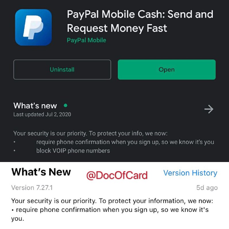 #PayPal #GoogleVoice7/10更新:  据群友 [DP] 安卓PayPal更新提示禁止使用VoIP虚拟号码(比如GV)，iOS更新也提到了需要验证号码由于虚假用户太多，目前Twitter, Facebook 之类都陆续拒绝虚拟号码注册👉🏿 @DocOfCard / 银行账户卡合集