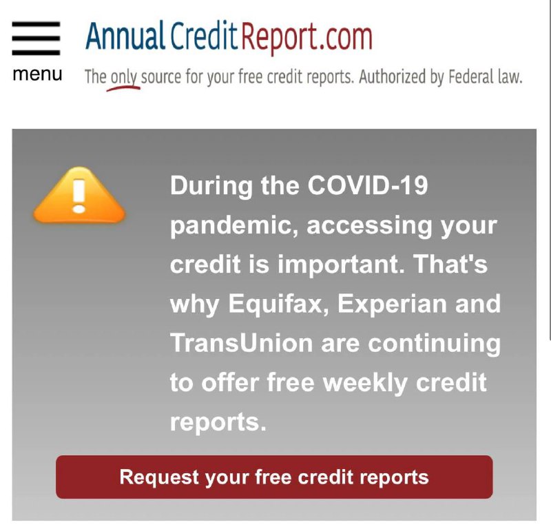 每周免费查询一次信用报告#美国信用分 #Fico👉🏿 根据 Fair Credit Reporting Act (FCRA) 要求，Experian、Equifax和TransUnion每12个月向提出要求的人免费提供一次信用报告，但是由于COVID-19原因，你可以在唯一授权网站 Annualcreditreport.com 通过在线、电话或邮件方式每周免费查询一次👀相关：无SSN查询美国详细信用报告👀相关：美国信用分和信用报告查询👉🏿 @DocOfCard / 银行账户卡合集