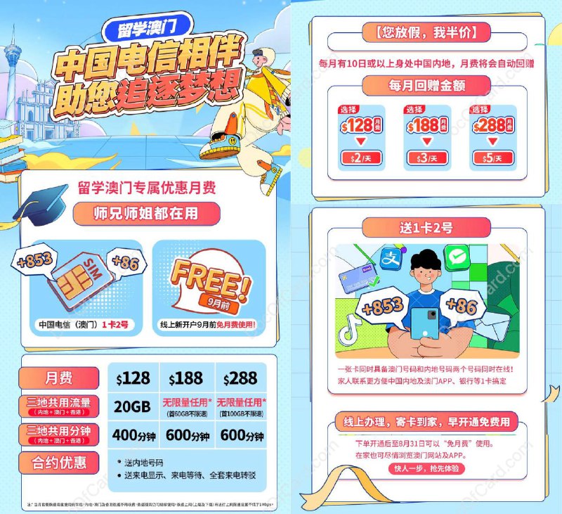 CTMO 中国电信澳门学生上台计划最新资费#CTMO #中国电信澳门 • 每月有 10+ 日在内地使用，月费减半✔️ www.1888.com.mo/std/plan2020 • 需要验证内地/澳门学生证或录取通知书 (办卡前先联系，内地学生需线下验证领卡) • 合约期18个月可续约 • 通话流量已升级为三地共用 (澳门5G，漫游4G/3G)，现有用户可联系开卡员工升级✔️@DocOfCard / 手机卡合集