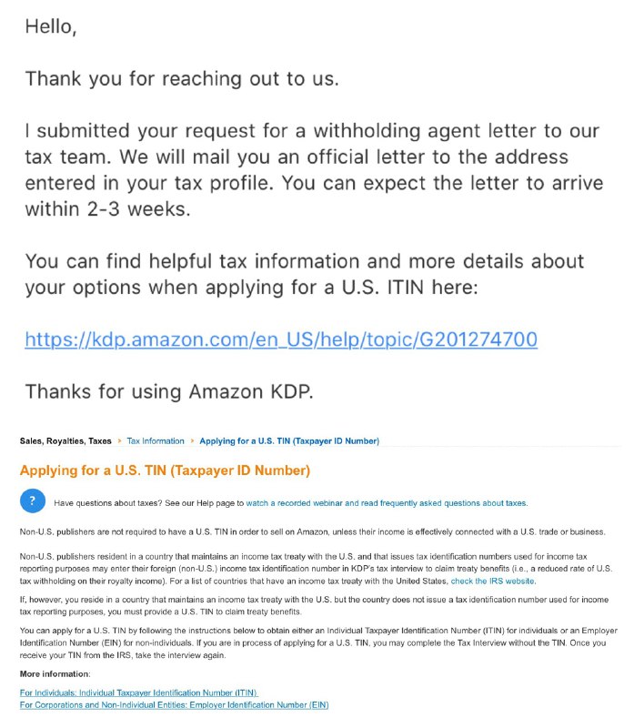 Amazon KDP修改规则放水邮寄ITIN Leter#KDP #ITIN👉🏿 If, however, you reside in a country that maintains an income tax treaty with the U.S. but the country does not issue a tax identification number used for income tax reporting purposes, you must provide a U.S. TIN to claim treaty benefits.  👈🏿👉🏿 You can apply for a U.S. TIN by following the instructions below to obtain either an Individual Taxpayer Identification Number (ITIN) for individuals or an Employer Identification Number (EIN) for non-individuals. 👉🏿 If you are in process of applying for a U.S. TIN, you may complete the Tax Interview without the TIN. Once you receive your TIN from the IRS, take the interview again.👉🏿 For Individuals: Individual Taxpayer Identification Number (ITIN)👀相关：ITIN介绍👉🏿 👀所有银行账户卡合集👉🏿 @DocOfCard