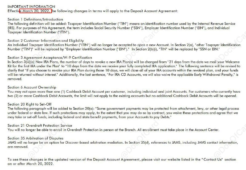 #Discover #消息 • Discover 在账单中提醒，从 2022 年 3 月 20 日开始，Discover checking将不再接受 ITIN 开户申请 [DP]👀相关：ITIN开户实例👀相关：美国🇺🇸信用分和信用报告查询👉🏿 @DocOfCard / 🇺🇸美卡合集
