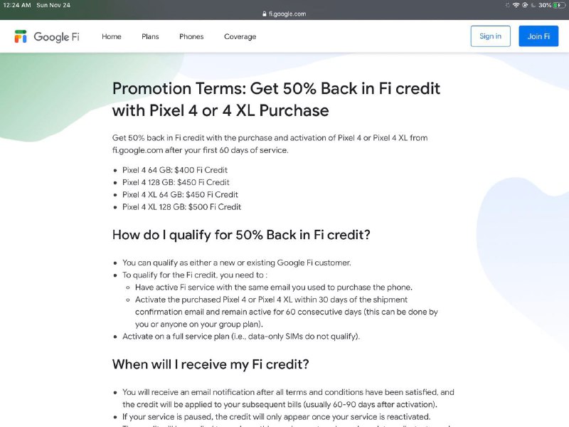 Get 50% Back in Fi credit with Pixel 4 or 4 XL Purchase#deal👉🏿 Offer is valid Nov 24, 2019 at 12:00 AM PST through Dec 2, 2019 at 11:59 PM PST, or while supplies last.👉🏿 